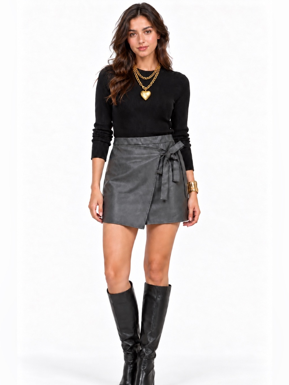 LF Faux Leather Gray Bow Tie Mini Skirt